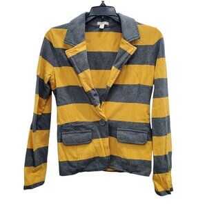 Caslon Women's Mustard Gray Preppy Rugby Stripe 100% Cotton Blazer Cardigan Sz S